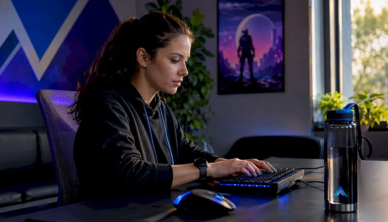 Una donna che gioca al computer mentre digita su una tastiera da gaming